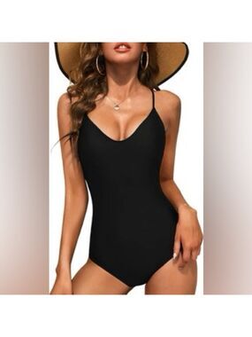 Ekouaer Deep V-Neck Criss-Cross Back Straps One Piece Swimsuit